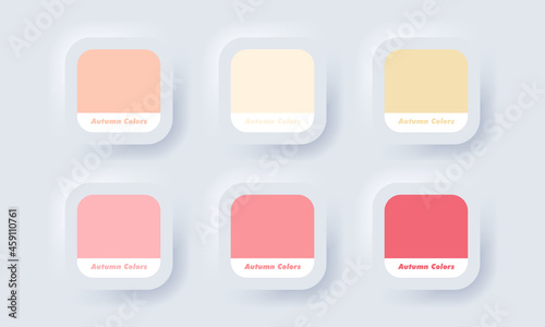 Pantone palette. Autumn palette color in RGB HEX. Color Catalog. Neumorphic UI UX white user interface web button. Neumorphism. Vector EPS 10.