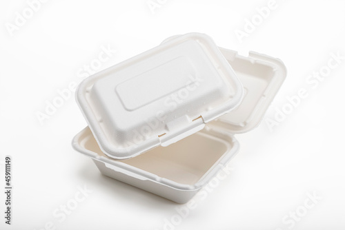 Bagasse food box on white background , Natural eco-friendly disposable utensil concept photo