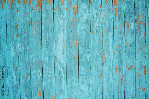 blue wood texture background, top view wooden plank panel, peeling paint on wood