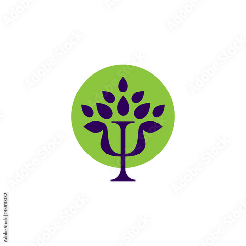 Letter psi and tree with leaves. Psychology sign. Therapy flat icon