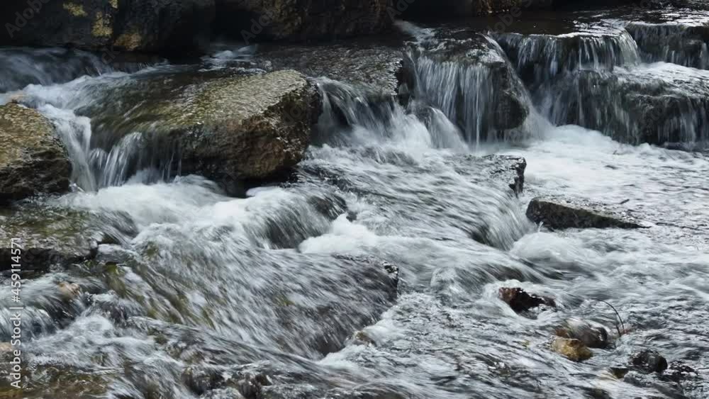 cascade of small waterfalls of a mountain river among the boulders, the water is blurred in motion cascade of small waterfalls of a mountain river among the boulders, the water is blurred in motion