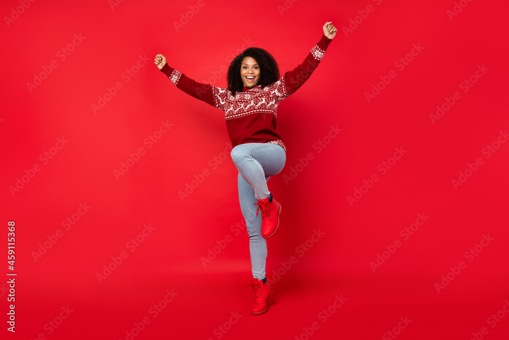 Full length body size photo woman smiling crazy gesturing like winner isolated vibrant red color background