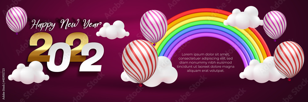 happy new year 2022 banner template editable text effect with balloon and cute rainbow cartoon style