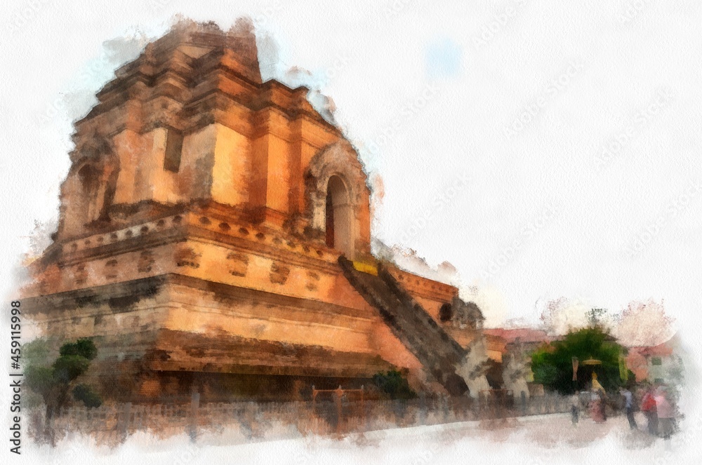 Fototapeta premium Ancient architecture of northern thailand watercolor style illustration impressionist painting.