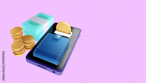 Online transaction via smartphone, sent and receive coins and online payment concept. 3d illustration