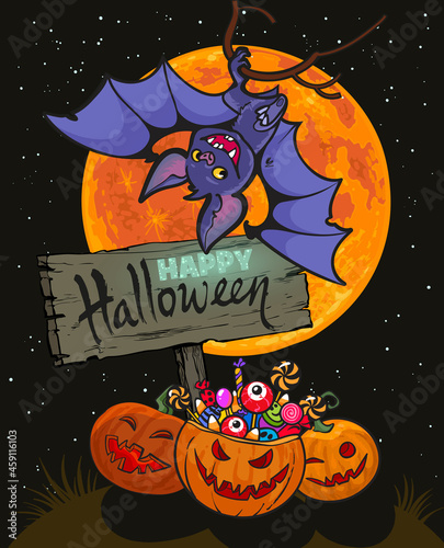 Cartoon Halloween poster. Text Happy Halloween, vampire bat, pumpkins, on full moon background. Vector illustration.