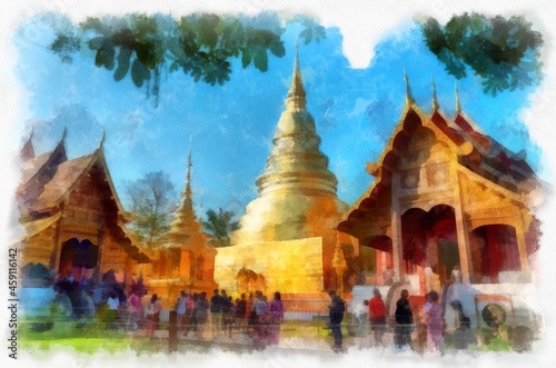 Ancient architecture of northern thailand watercolor style illustration impressionist painting. © Kittipong