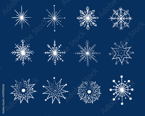 Vector set of white snowflakes for winter design, to create a Christmas and New Year mood.