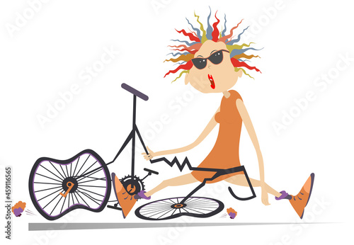 Sad cyclist woman and broken bike illustration. Cartoon cyclist woman in sunglasses sitting near a broken bicycle isolated on white 
