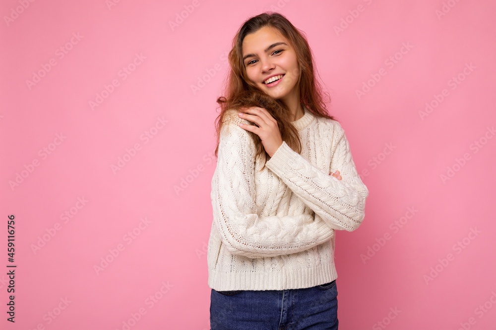 Portrait of positive cheerful fashionable woman in formalwear looking at camera isolated on pink background with copy space