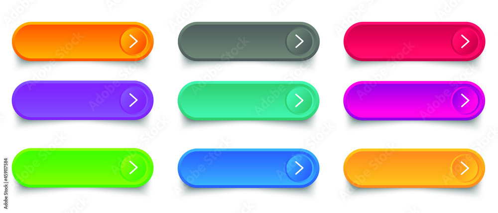 Web buttons flat design template with color gradient and thin line outline style. Vector isolated rectangular rounded web page next arrow button elements set on white background. Web buttons flat design template with color gradient and thin line outline style. Vector isolated rectangular rounded web page next arrow button elements set on white background.