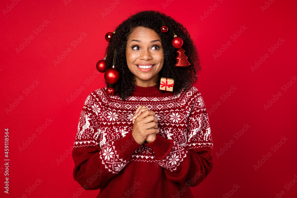 Portrait of attractive girlish cheerful girl wearing decor in hair eve festal day isolated over shine red color background Portrait of attractive girlish cheerful girl wearing decor in hair eve festal day isolated over shine red color background