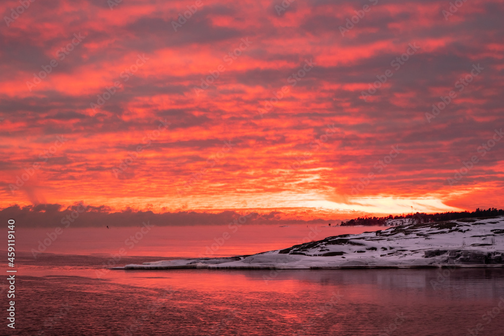 Sunset over Liuskasaari island in Helsinki Finland