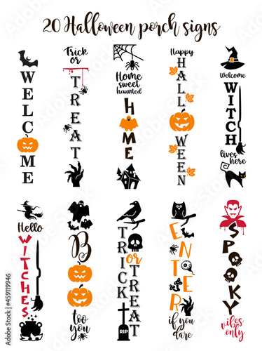 Halloween lettering with pumpkin, spiders, web. Vertical halloween sign. Front Porch Sign.