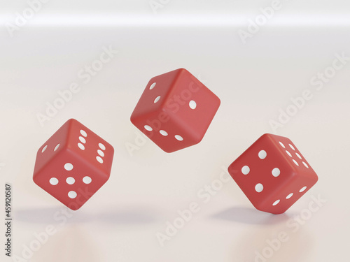 3d rendering dice with black dots hanging in half turn showing different numbers. Lucky dice. Board games. Money bets.