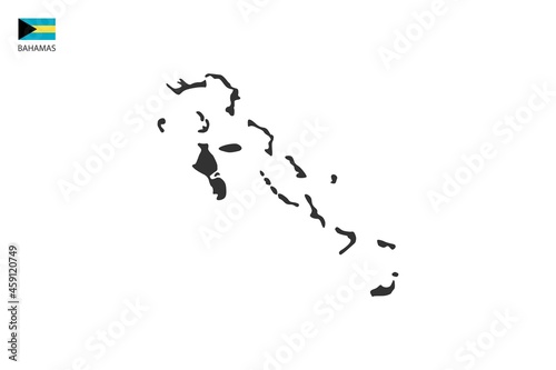 Bahamas black shadow map vector on white background and country flag icon left corner.
