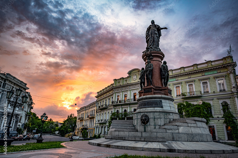Monument to the founders of Odessa in Ukraine in the evening. Sculpture of Catherine II, Empress of Russia. One of the sights of Odessa.