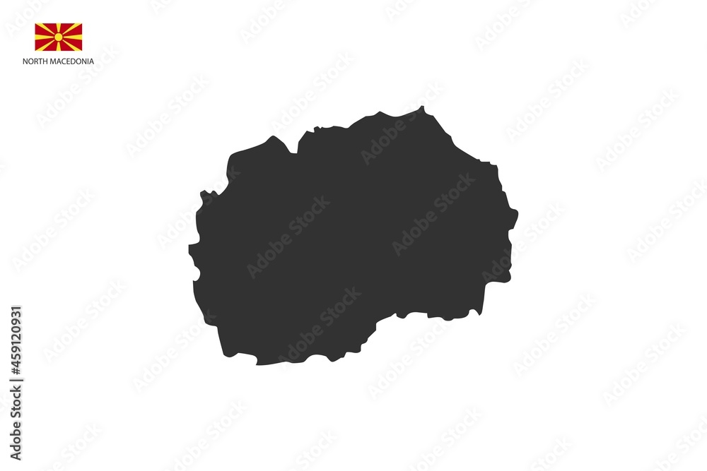 North Macedonia black shadow map vector on white background and country flag icon left corner.
