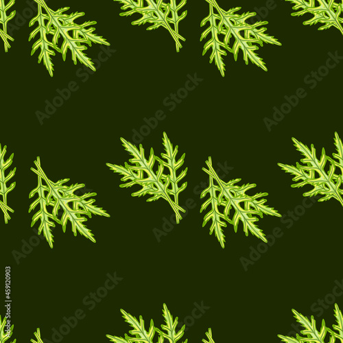 Seamless pattern bunch arugula salad on dark green background. Simple ornament with lettuce.