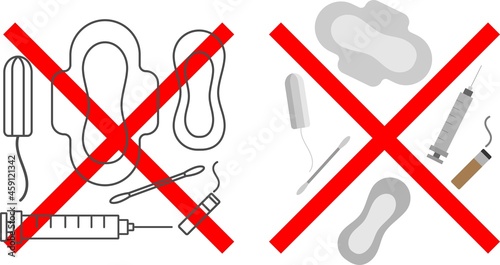 Do not throw trash, tampon, pads, syringe, cigarette stub, sanitary product in the toilet. Toilet hygenic icons, icon, pictogram. Interdiction of  put trash in the toilet. vector illustration graphic. photo