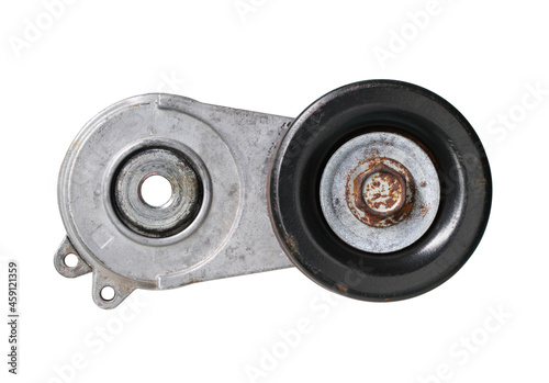 Car engine belt tensioner roller assembly (with clipping path) isolated on white background photo