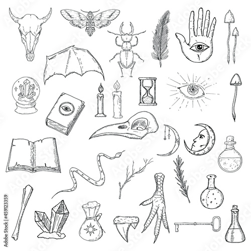 Set of occult elements. Vector cartoon illustrations. Isolated objects on a white background. Hand-drawn style.