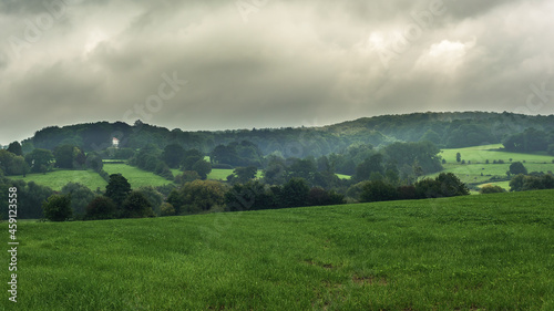 Hilly landscape with meadows and trees under a cloudy sky.