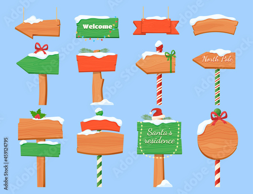 Collection of cute Christmas wooden pointer vector North Pole street signs direction point