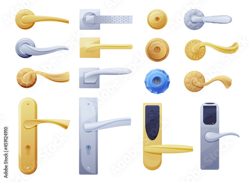 Collection doorknob and door handle vector flat illustration metallic open and closed entrance exit