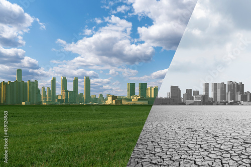 Collage of City with green field and blue sky and City with desert and grey sky. Decarbonization and carbon neutrality concept photo