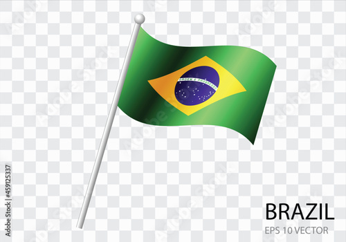 Flag of BRAZIL with flag pole waving in wind.Vector illustration