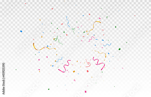Vector confetti png. Explosion of multi-colored confetti, clapperboard. Confetti, streamer, tinsel on a transparent background. Holiday, birthday. photo
