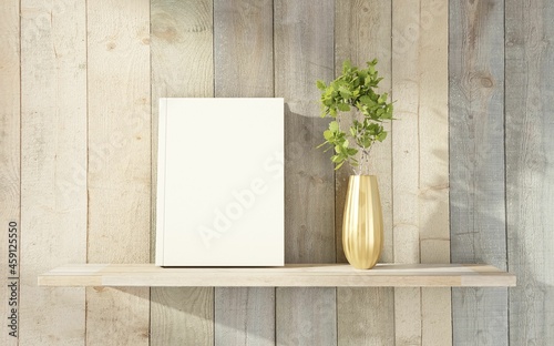 Hardcover book template on a wooden shelf with wooden plank background. Book advertisement. Tree branch in a vase. Morning sunlight interior. 3D rendering.