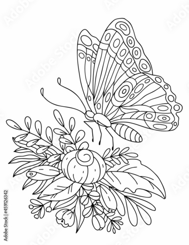 Butterfly on a bouquet of flowers and herbs, for coloring. Black and white vector illustration, coloring book.