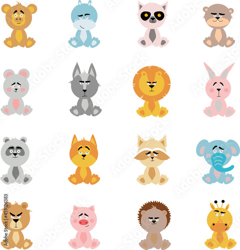 A large sA large set of funny stuffed animals in a cartoon style. Different animals isolated on a white background. Emotional animals.et of funny stuffed animals in a cartoon style.