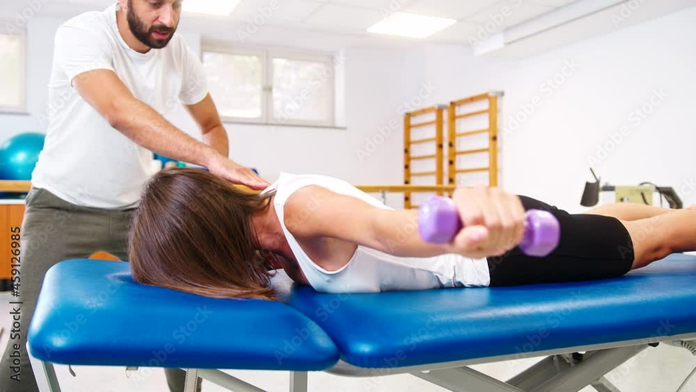 Handheld shot of a Caucasian woman doing shoulder stabilization exercises with small weights, with a help of the male physiotherapist