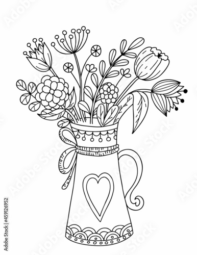 A decanter tied with a ribbon with a bouquet of spring wildflowers. Black and white vector illustration, coloring book.