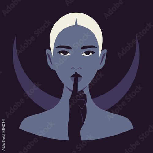A portrait of a young blond woman put a finger to her lips. Secret information. A face of a mysterious teenager. Halloween. Vector flat illustration