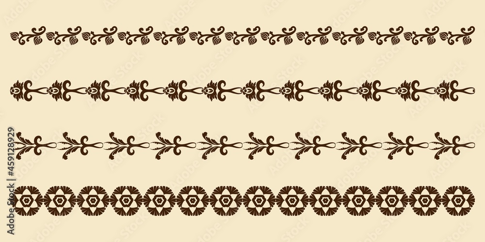 Vector set of ornaments borders in vintage style. Patterned lace frames for design. Brown and beige. Damask patterns. Computer graphics.