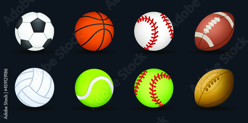 Sport balls vector emoji illustration. Set of soccer, basketball, tennis, volleyball, baseball and football equipment. 3d cartoon Style Balls collection isolated on background.