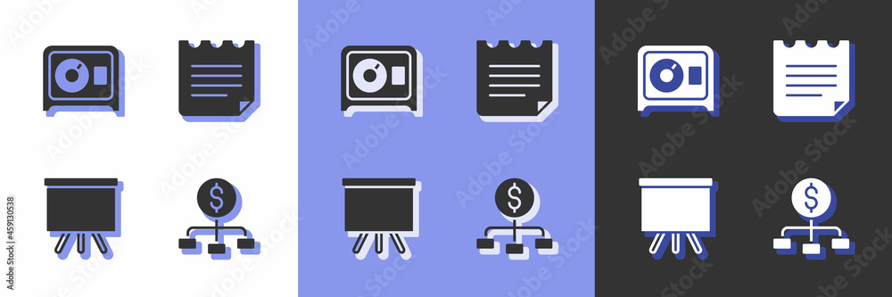 Set Hierarchy with dollar, Safe, Chalkboard and Notebook icon. Vector