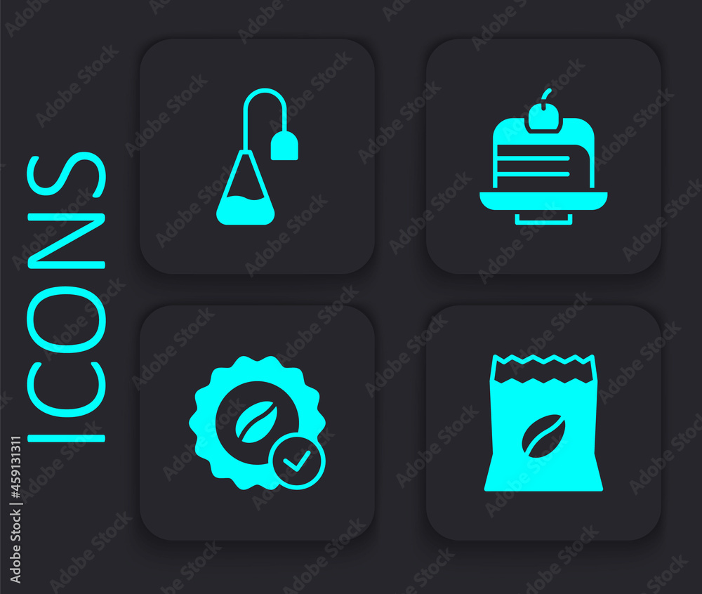 Set Bag of coffee beans, Tea bag, Piece cake and Medal for icon. Black square button. Vector Set Bag of coffee beans, Tea bag, Piece cake and Medal for icon. Black square button. Vector