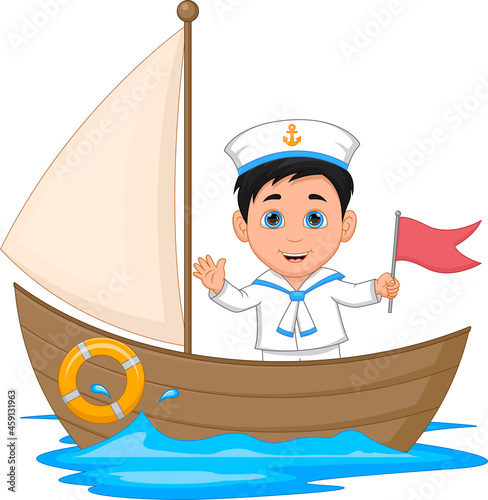 sailor boy waving cartoon on a wooden boat