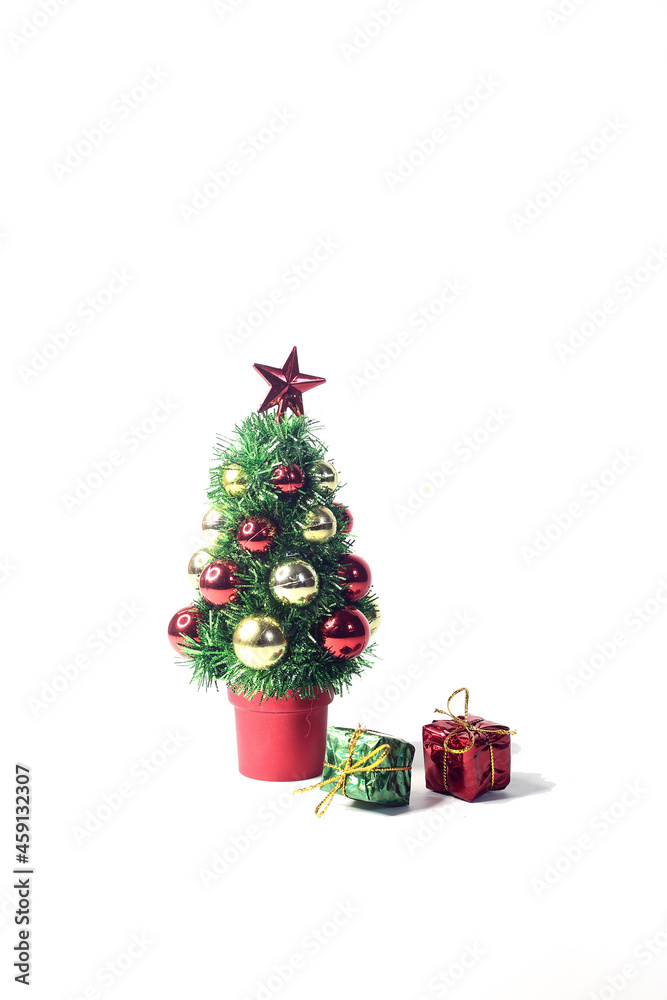 decorated fir tree and presents isolated on white background