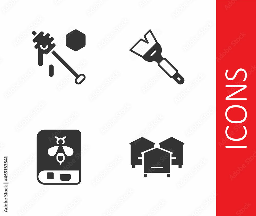 Fototapeta premium Set Hive for bees, Honey dipper stick, Book about and Beekeeping brush icon. Vector