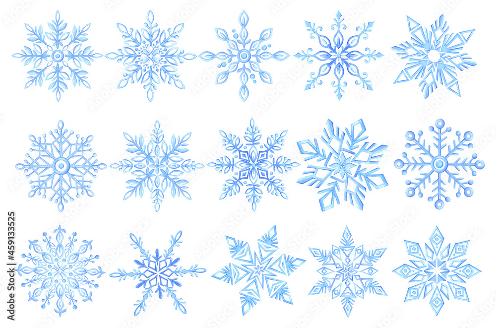 Watercolor illustration. Set of winter snowflakes on a white background. Christmas decor.