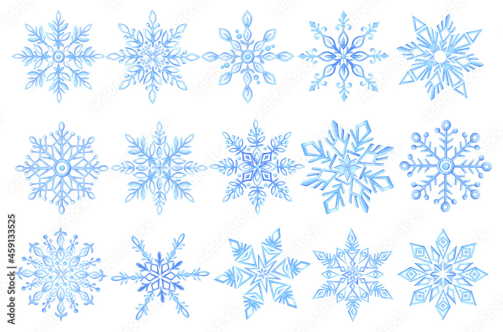 Watercolor illustration. Set of winter snowflakes on a white background. Christmas decor. Watercolor illustration. Set of winter snowflakes on a white background. Christmas decor.