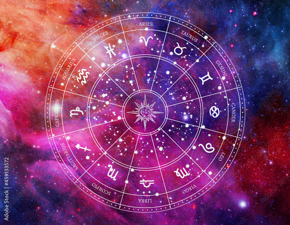 Astrology horoscope icon zodiac circle in the middle of colorful galaxy  wallpaper. Sign for decoration, stationery, design element. Stock  Illustration | Adobe Stock
