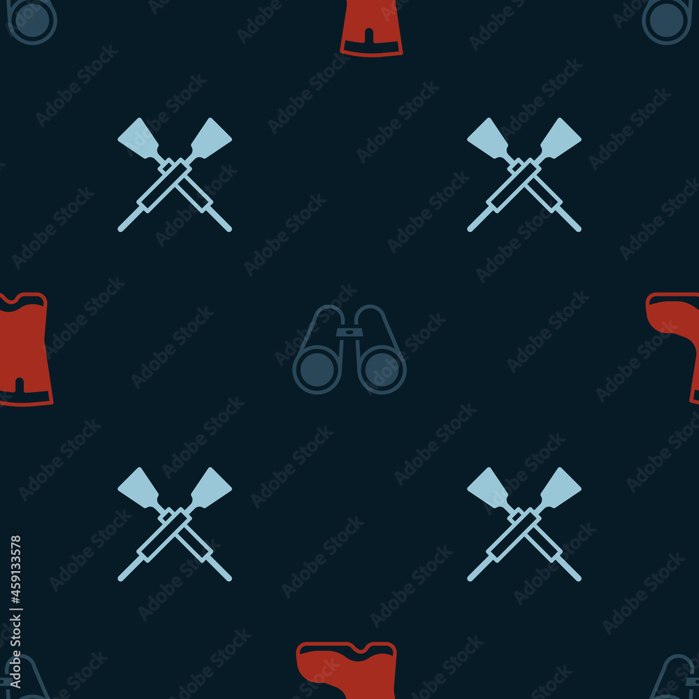 Set Fishing boots, Binoculars and Crossed oars or paddles boat on seamless pattern. Vector Set Fishing boots, Binoculars and Crossed oars or paddles boat on seamless pattern. Vector