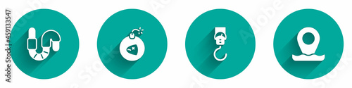 Set Worm, Bomb, Spring scale and Location fishing icon with long shadow. Vector